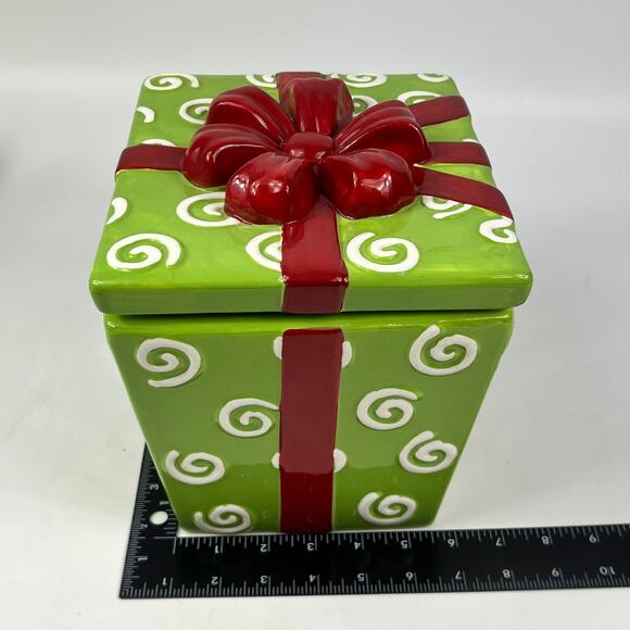 Ceramic Gift Box Canister Christmas Present Cookie Jar Green Red Ribbon Ceramic - Picture 12 of 16